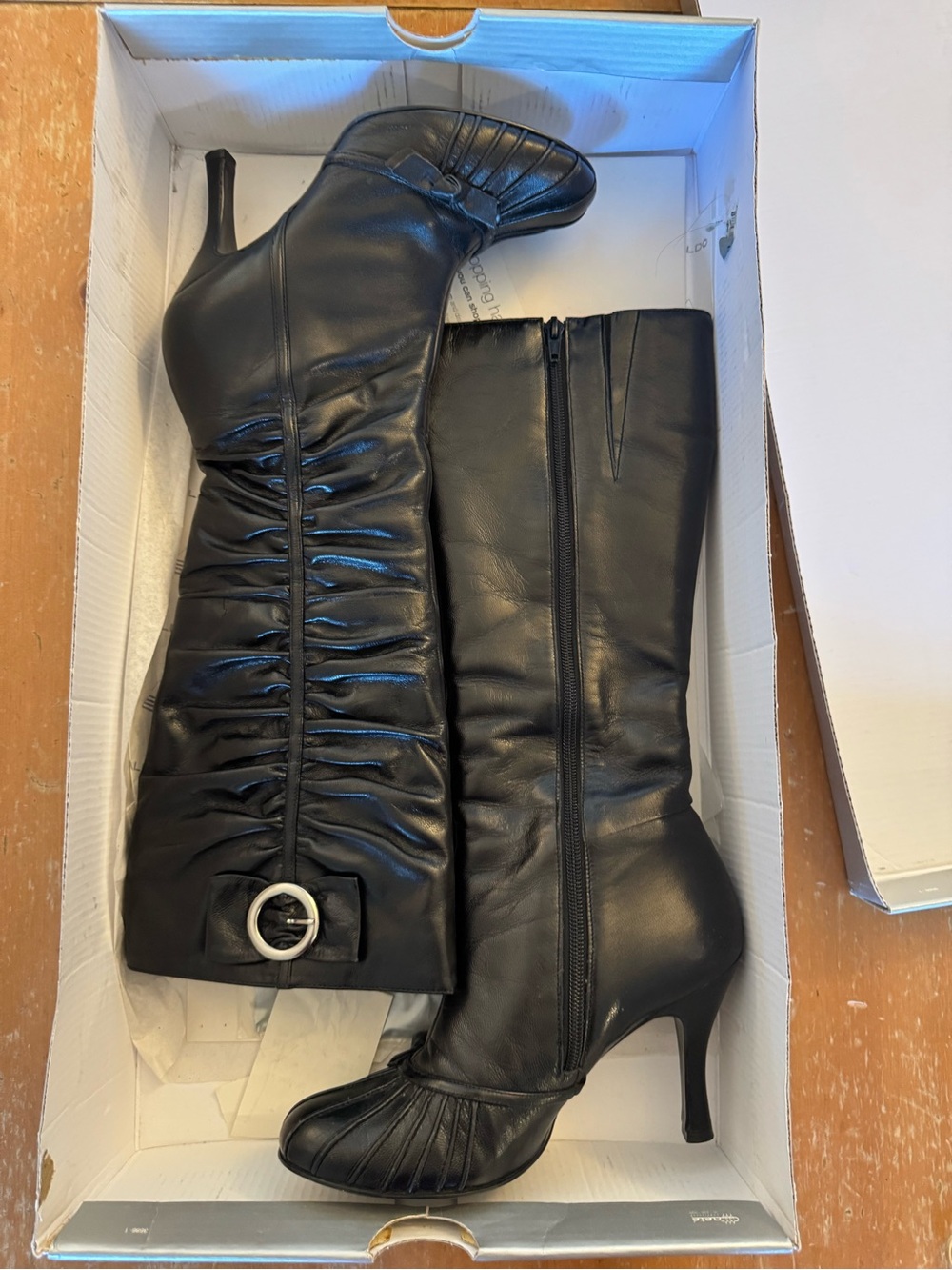 Aldo GARTRITE Black Ruched Knee-High Heel Boots with Buckle Accent